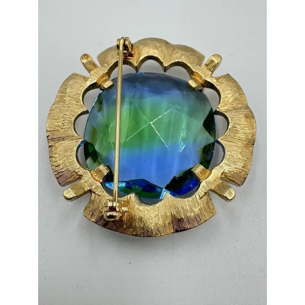 Vintage‎ Large Gold ToBlue Green Faceted Glass Rhineston Brooch Signed STAR